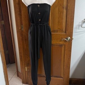 love J Black Strapless Button-Front Jumpsuit with Tie Waist and Pockets
